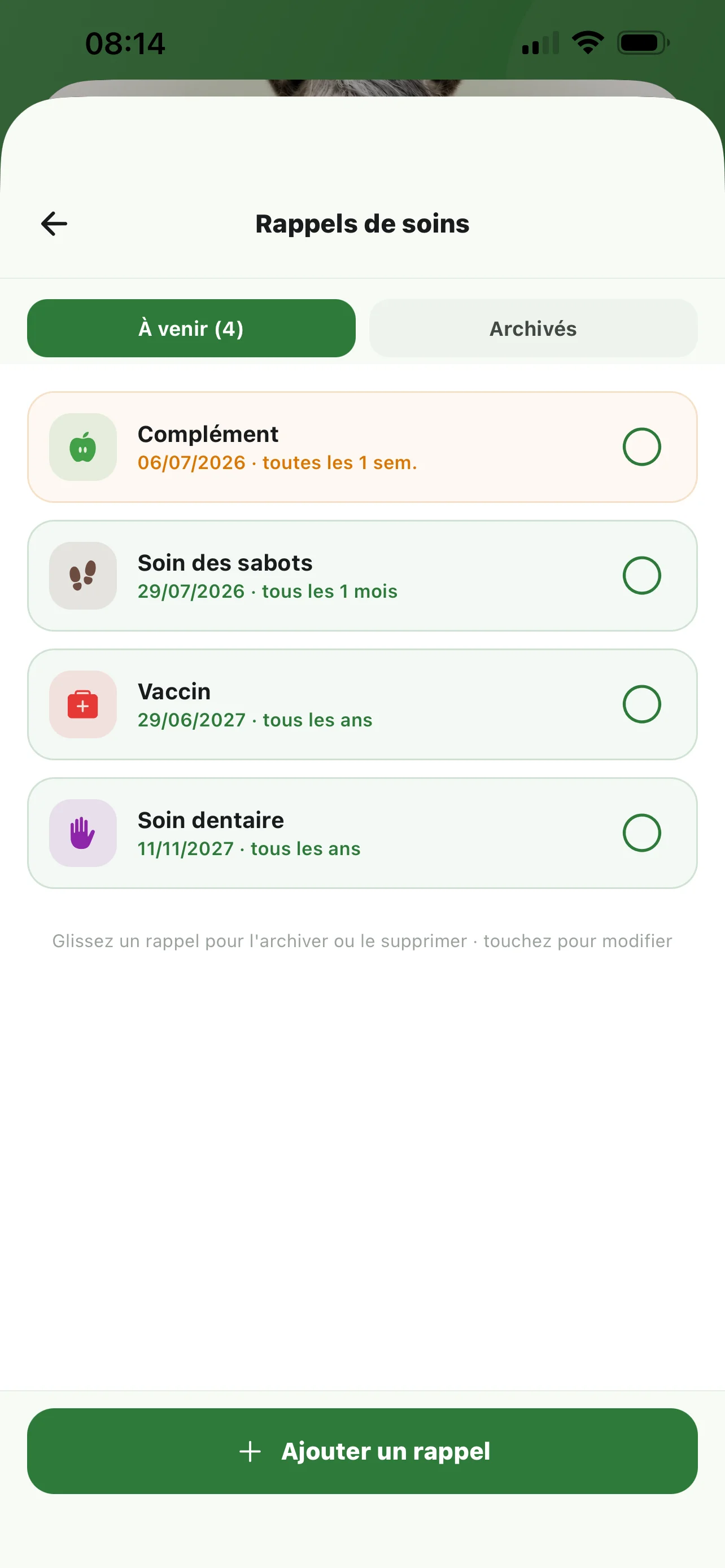 Rappels de soins à venir : vaccin, vermifuge, sabots dans Equio