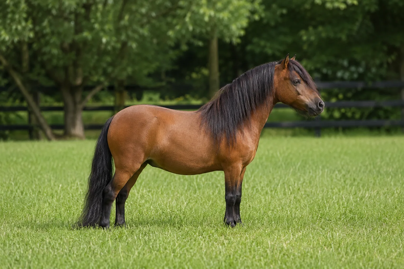 Adaev horse in profile in the Kazakh steppe, bay coat, lean and muscular build