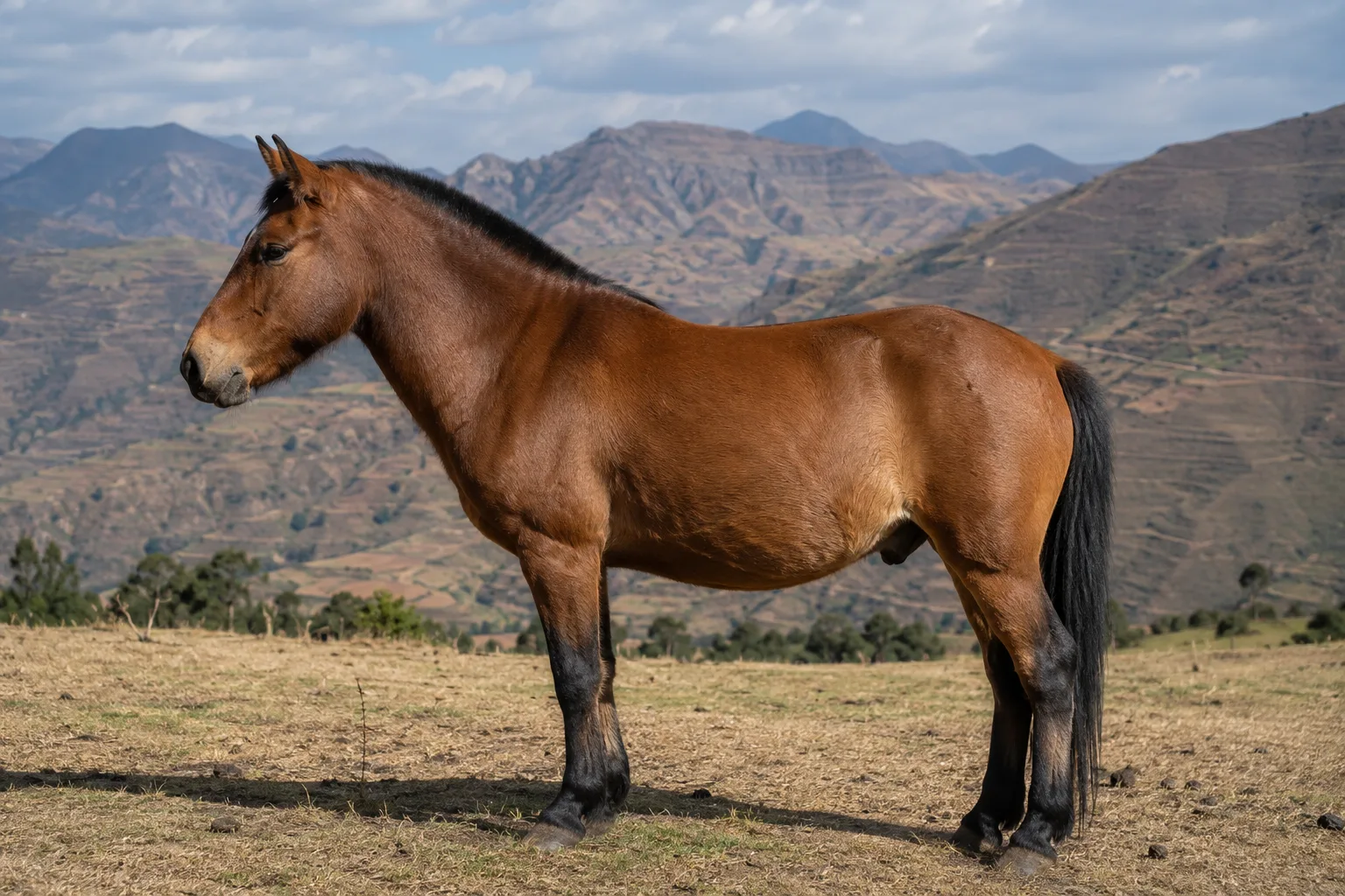 Bay Aegidienberger horse, in profile, in a lush green meadow, showcasing its elegant and harmonious silhouette.