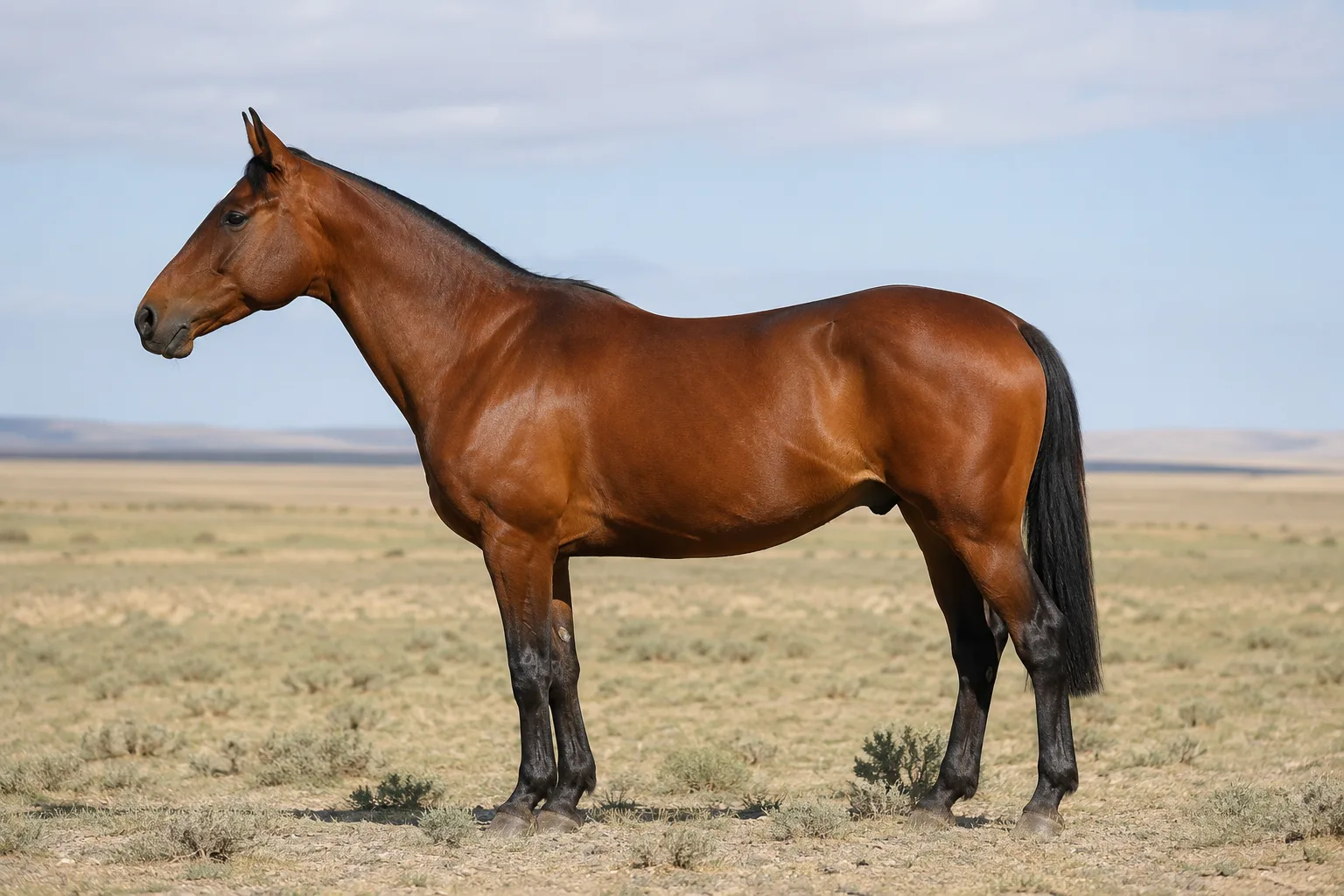 Palomino Akhal-Teke horse with a golden, shiny coat, standing in profile in an arid steppe under a clear sky.