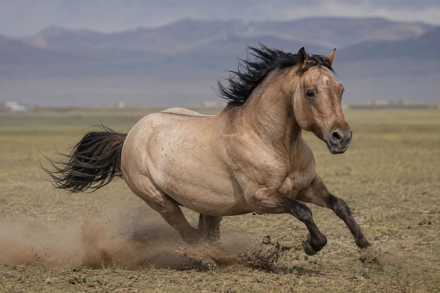 Akhal-Teke bay at full gallop during an endurance race, with its rider, in a dynamic movement.