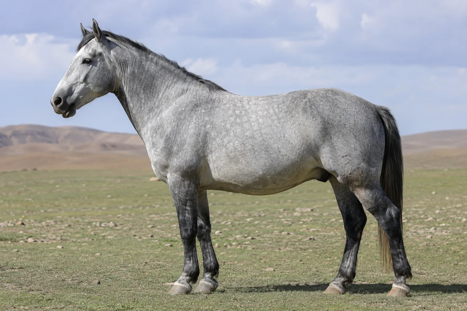 Detail of a smoky black Akhal-Teke's coat, showing its metallic sheen and the fineness of its mane and tail.