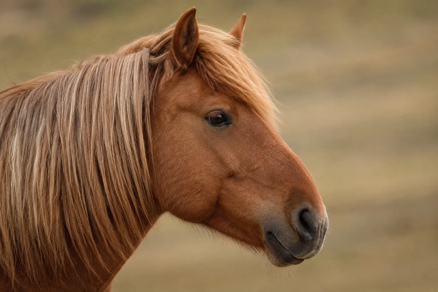 Close-up portrait of an Altai horse's head, chestnut coat