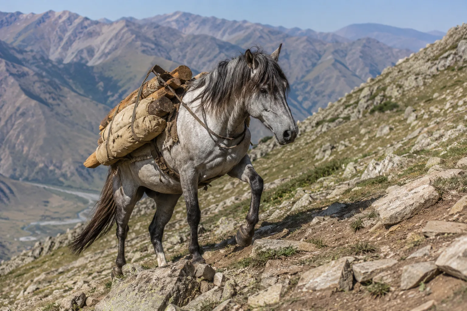 American Bashkir Curly galloping in a large field, illustrating its expansive gaits and the dynamic movement of its curly coat.