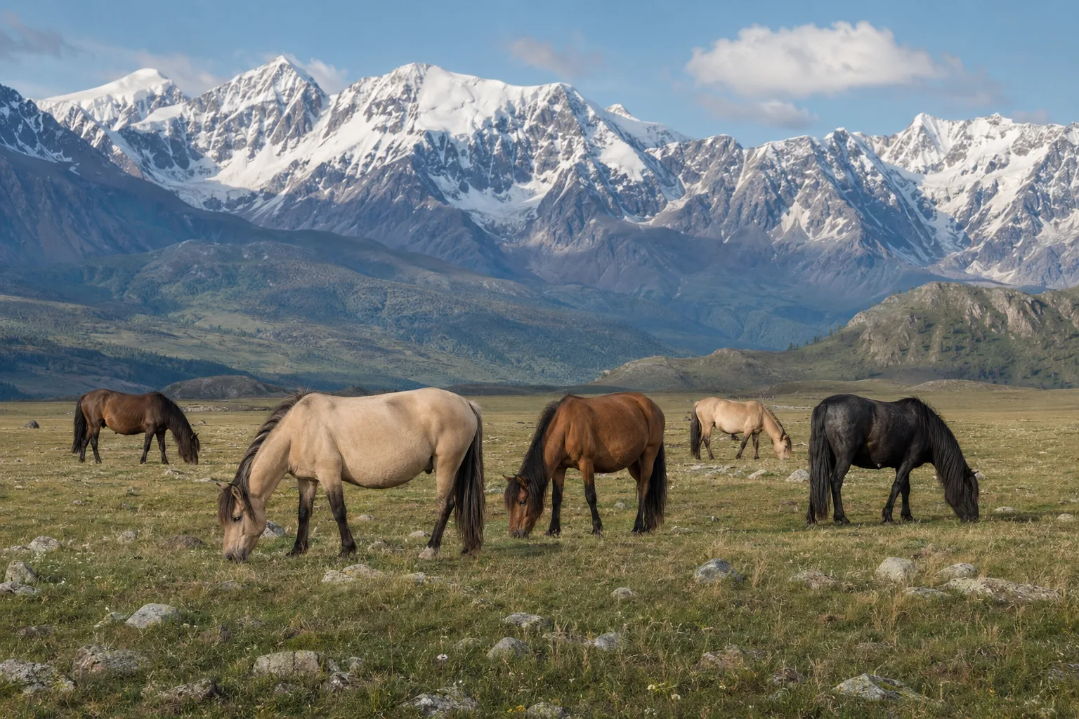 A group of American Cream Drafts grazing peacefully in a vast pasture, under a soft sky.