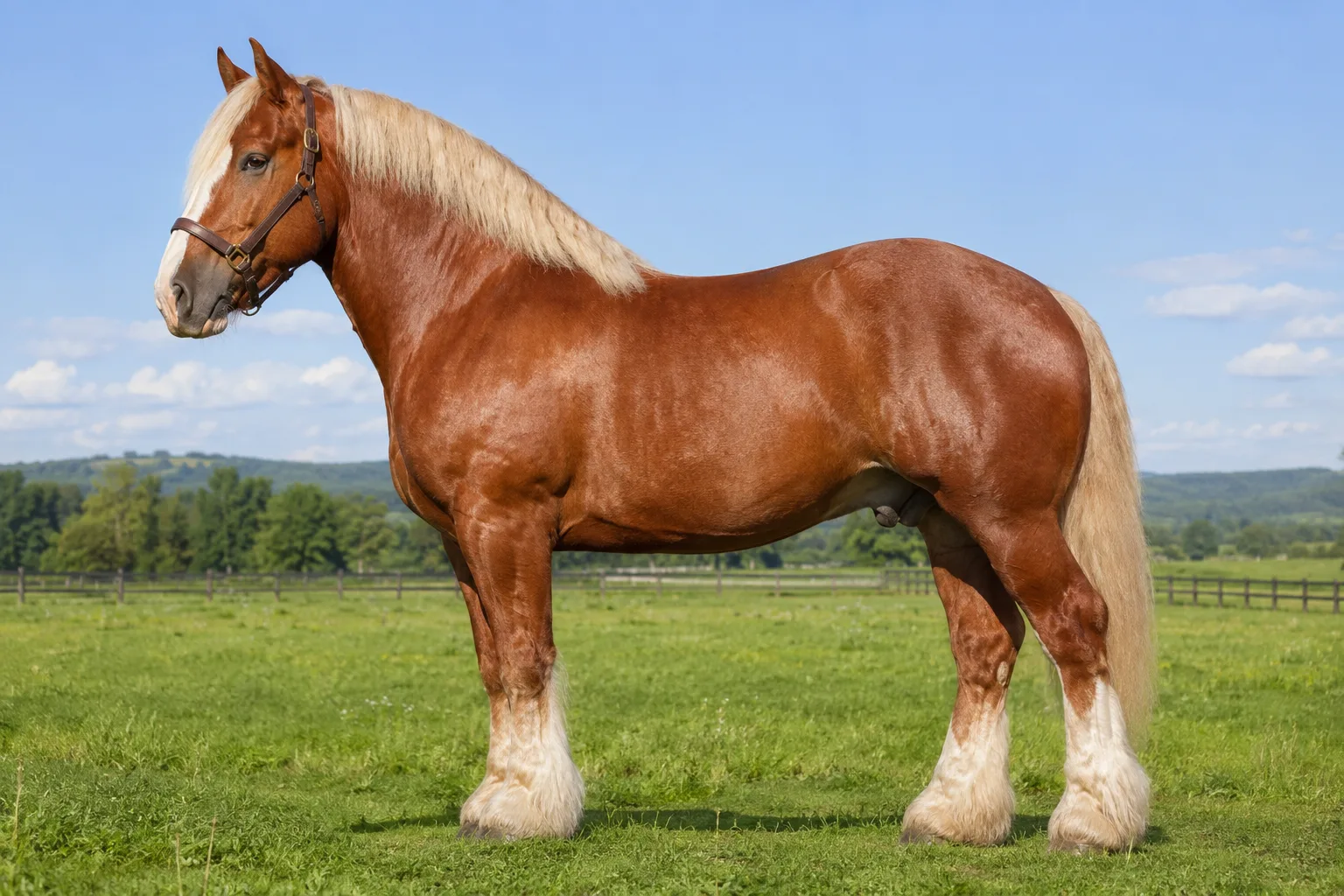 American Indian Horse with a tobiano pinto coat, standing in profile in a sunny meadow.