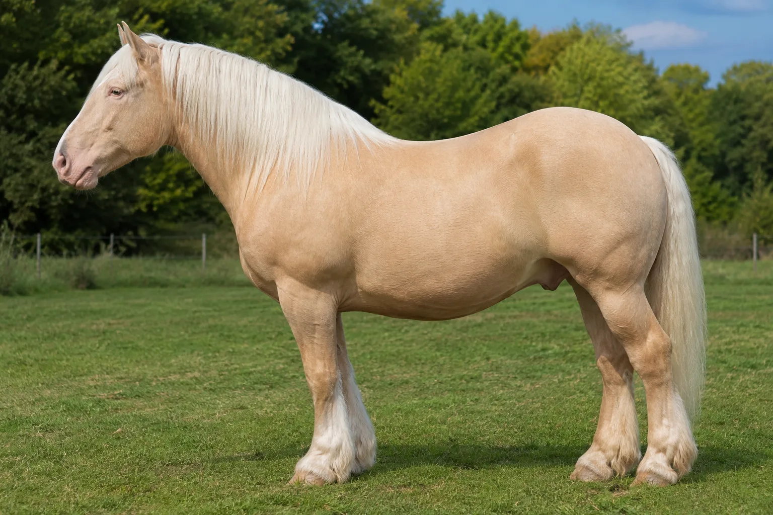 Photo of an American Miniature Horse in profile, bay coat, elegant and well-proportioned, in a lush green pasture.