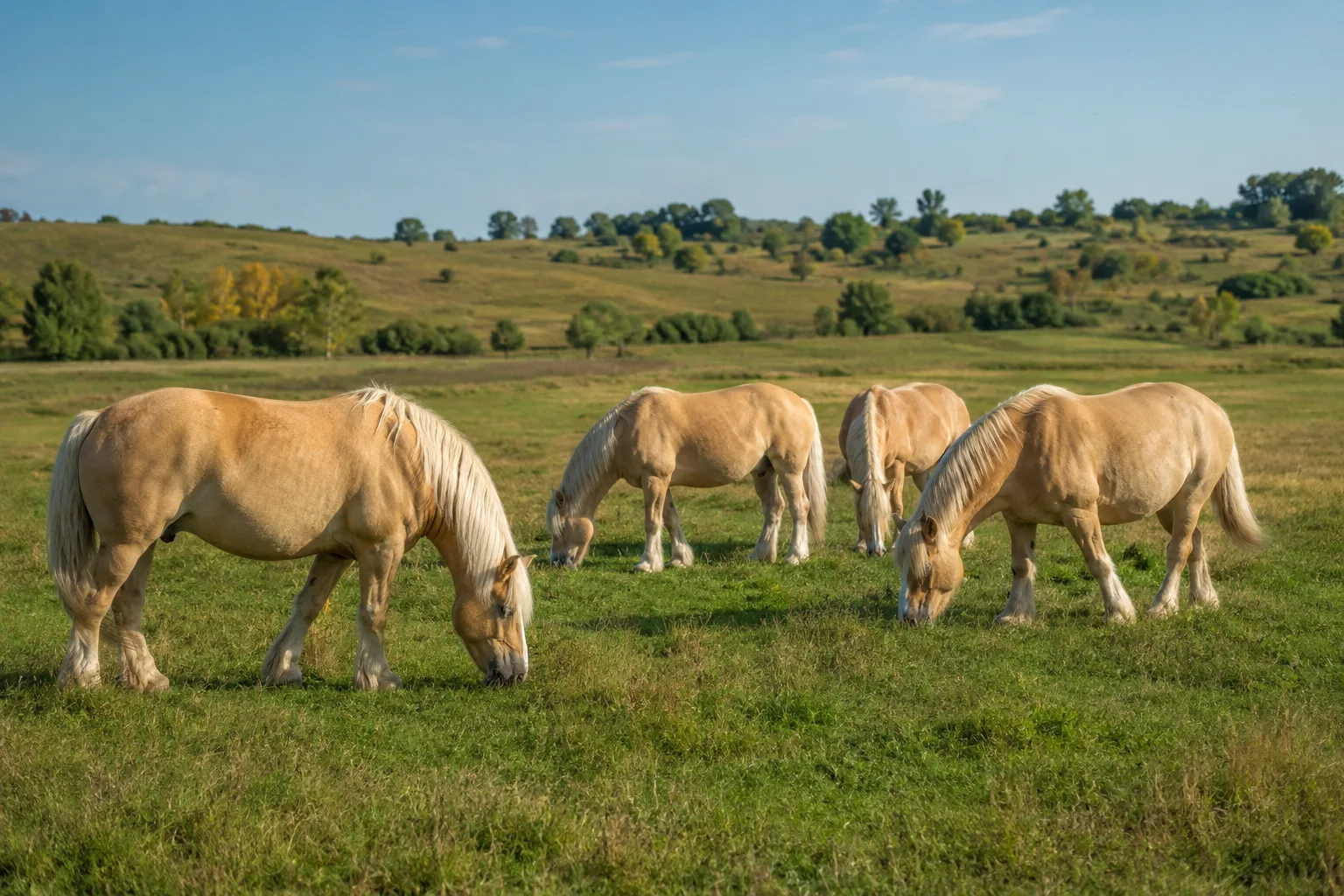 Several American Miniature Horses grazing in a large lush green pasture, under a clear sky.