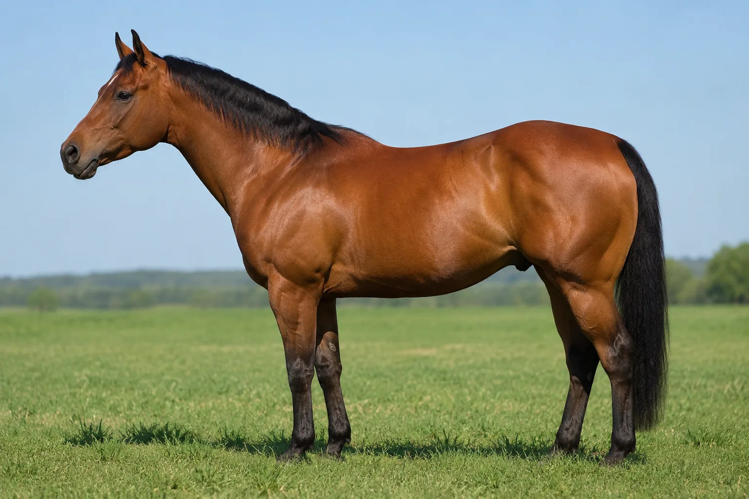 Photo of a bay American Quarter Horse, in profile, in a green pasture, showing its compact and powerful musculature.