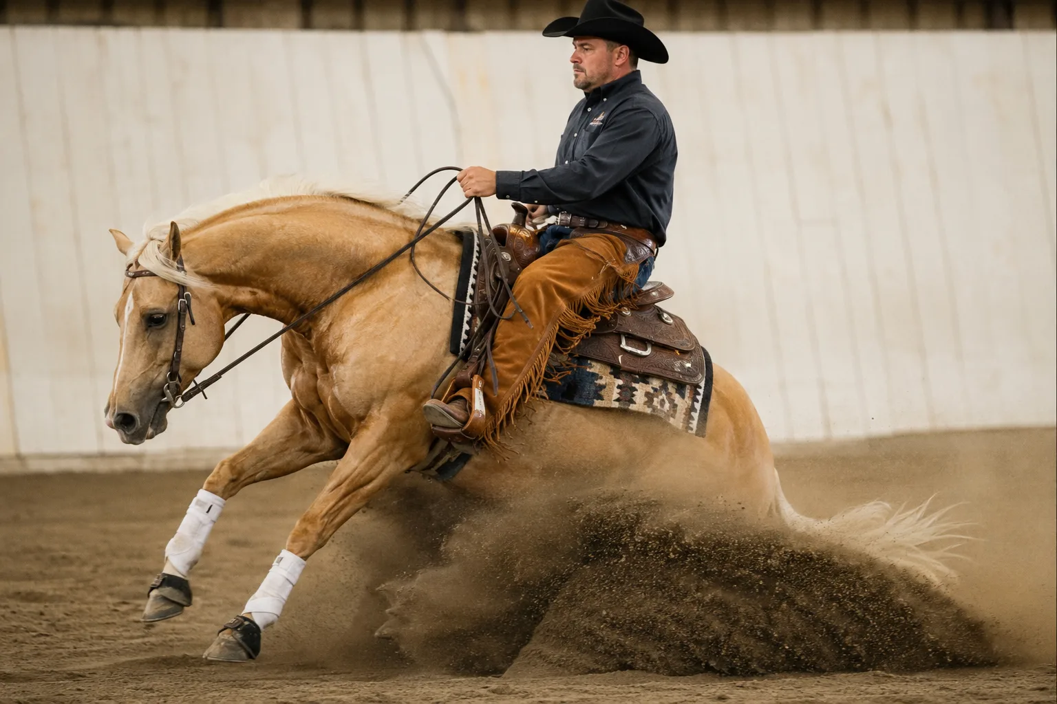 Palomino American Quarter Horse in action, performing a spectacular sliding stop in a reining arena, with a Western rider.