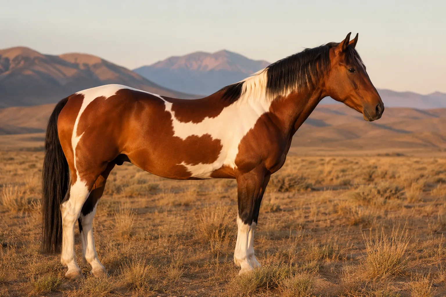 Bay American Saddlebred horse, in profile, with an arched neck and proud head carriage, in a green pasture.
