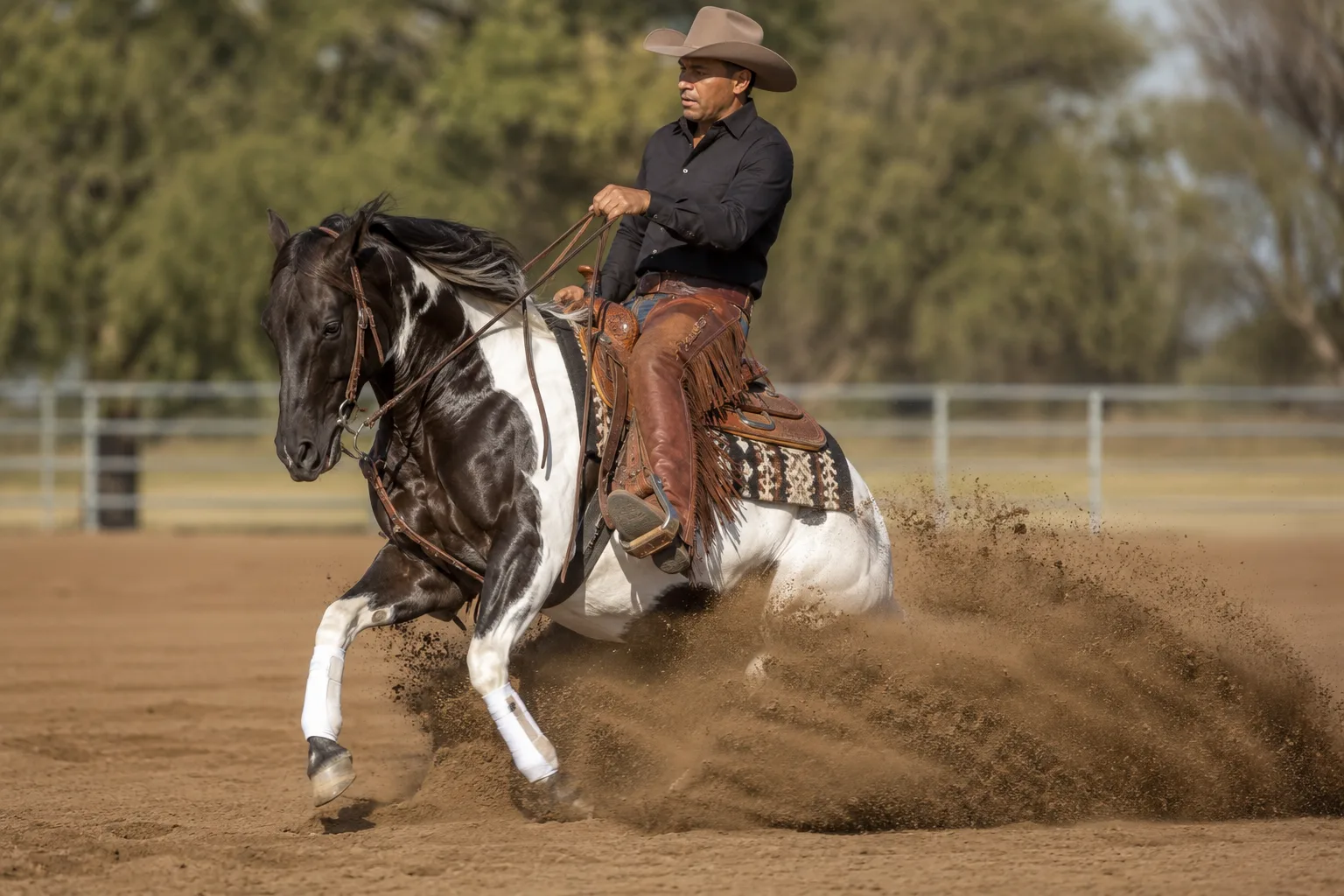 American Saddlebred in full action, performing the 'rack' gait with a rider in show ring attire.