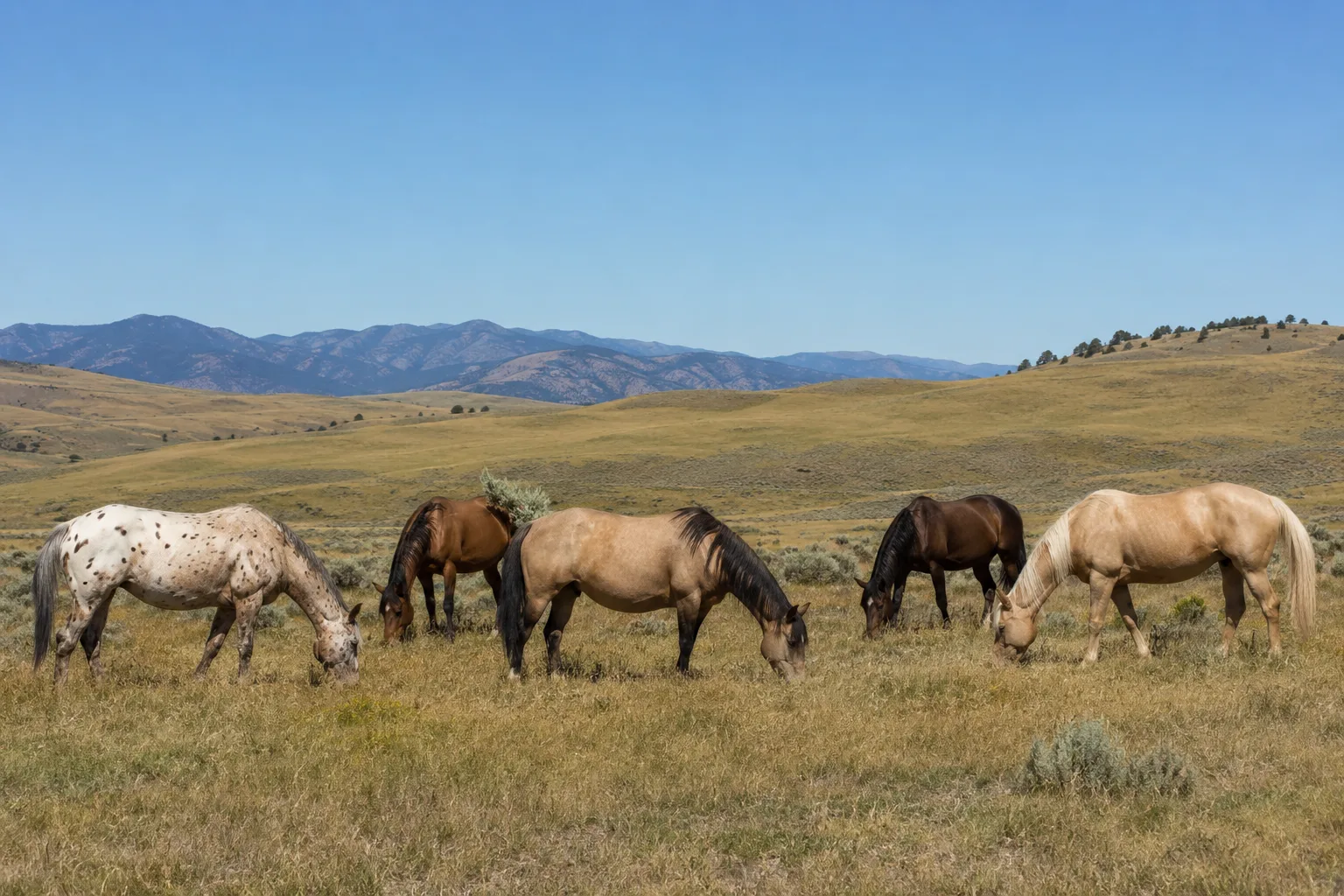 A group of American Saddlebreds (palomino and black) grazing peacefully in a large green pasture.