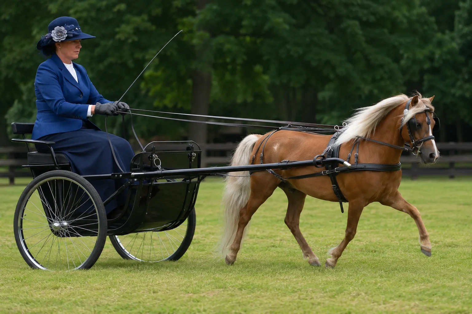 American Shetland Pony at a full trot, pulling a sulky with a child, in a driving competition.