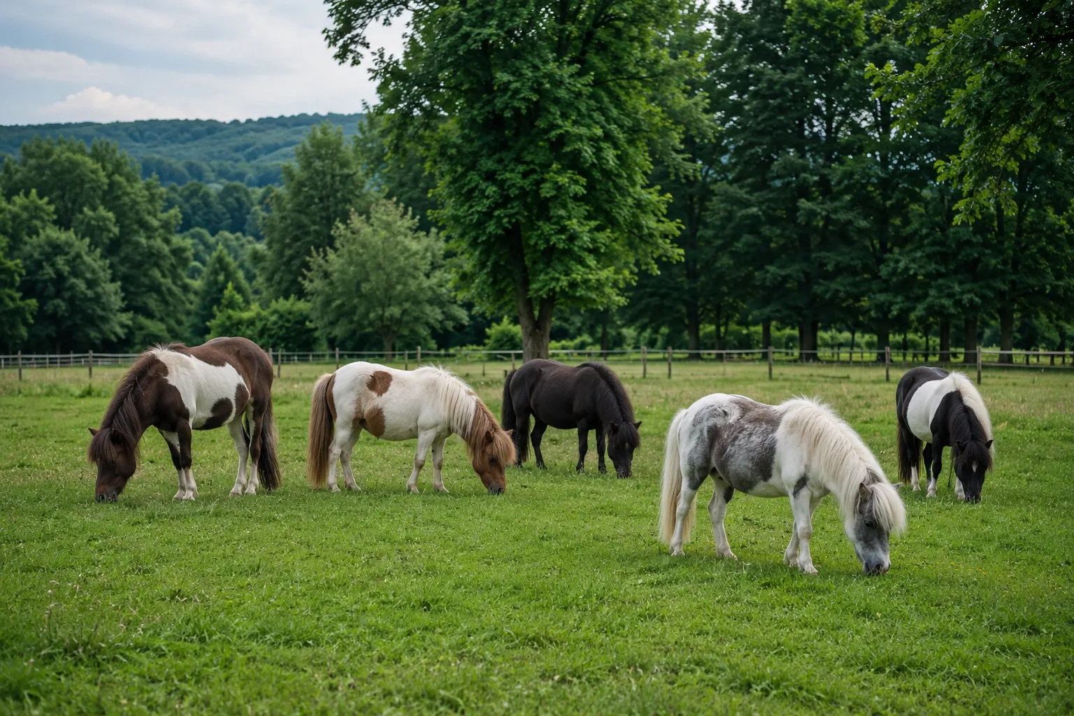 Herd of American Shetland Ponies of various coats grazing peacefully in a large meadow.
