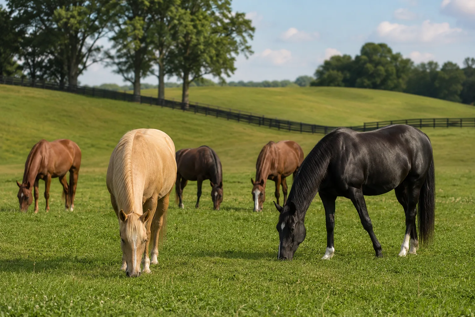 Several American Walking Ponies of different coat colors grazing peacefully in a large green meadow under a gentle sky.