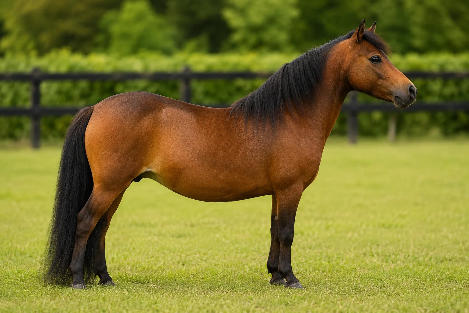 Bay American Warmblood horse, in profile, in a lush green pasture, showcasing its athletic and elegant silhouette.