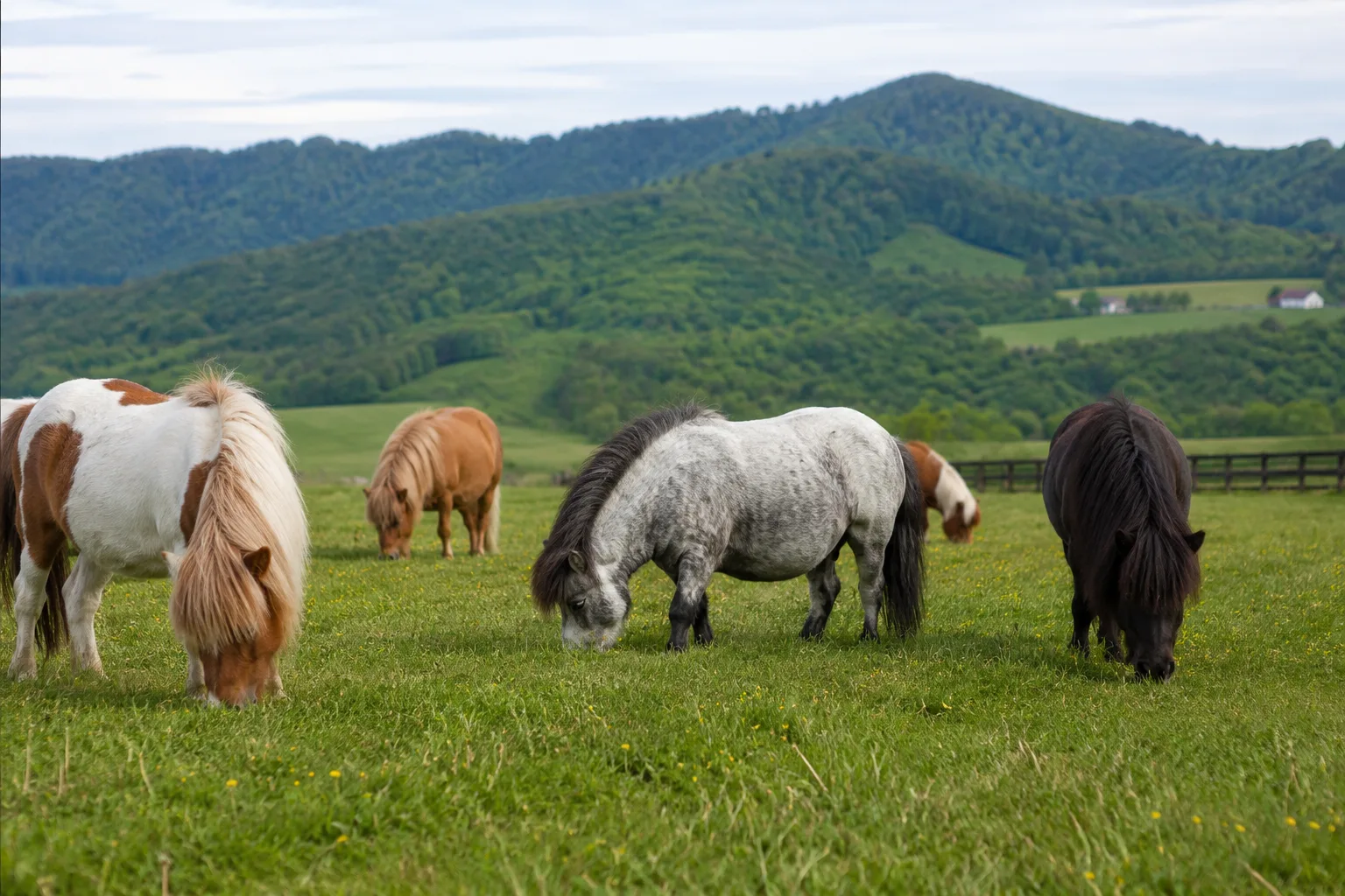 Several American Warmblood horses grazing in a large pasture, under a clear sky.
