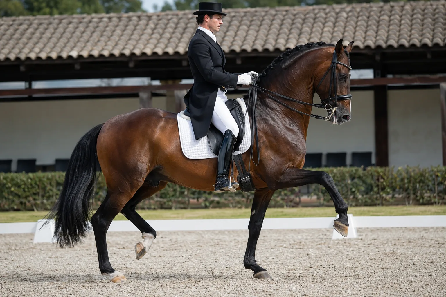 Bay Andalusian (PRE) horse in full action, performing a haute école dressage movement in an arena.