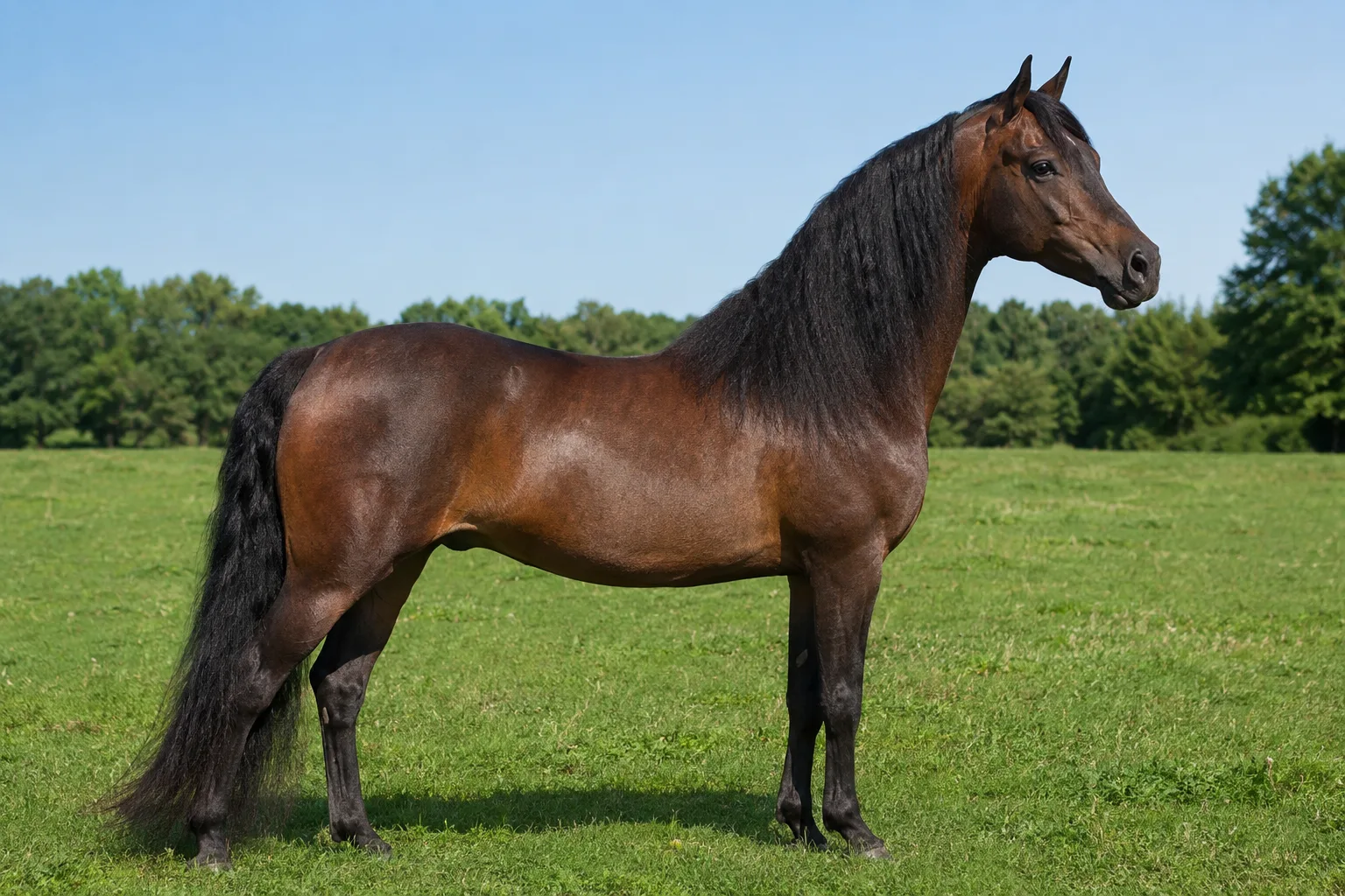 Bay Andravida horse, in profile, in a sunny Greek landscape, showcasing its elegant and robust silhouette.