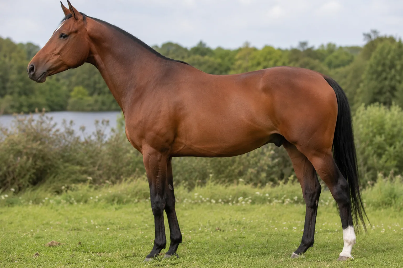 Bay Anglo-Arab horse, in profile, elegant and athletic, in a sunny meadow.