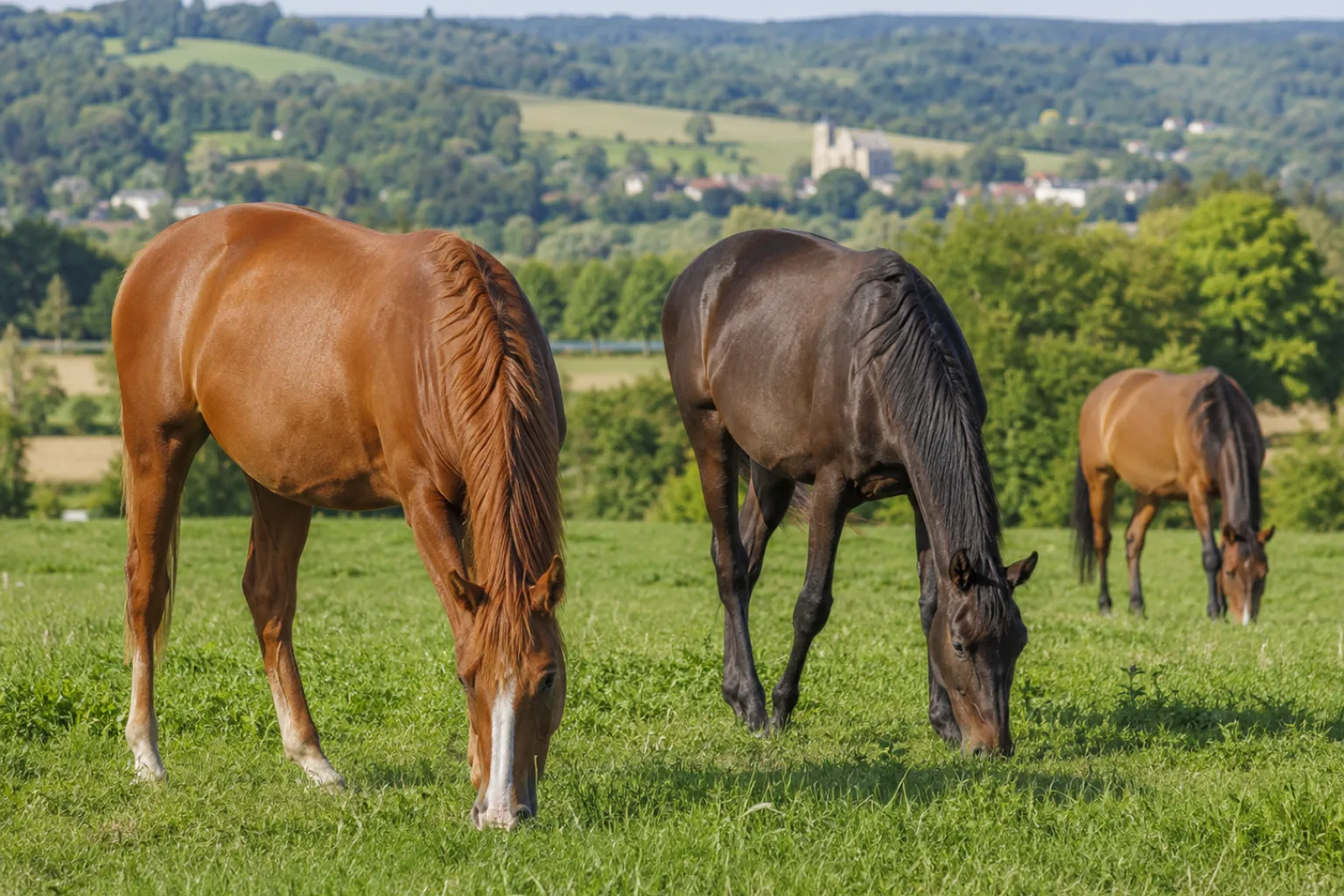 A group of Anglo-Arabs grazing in a French countryside landscape.