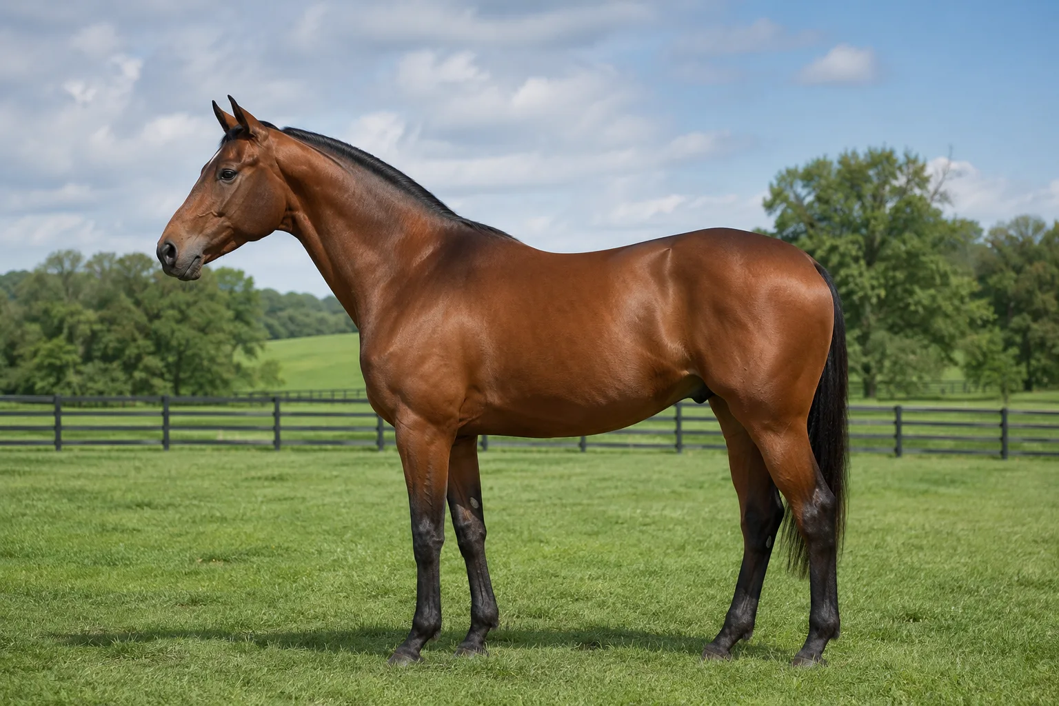 Bay Sardinian Anglo-Arab horse, full profile, in a Mediterranean landscape in Sardinia.