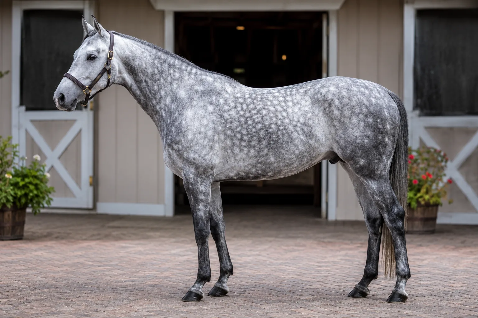 Grey Sardinian Anglo-Arab, showing the fineness of its coat and the clean lines of its limbs.