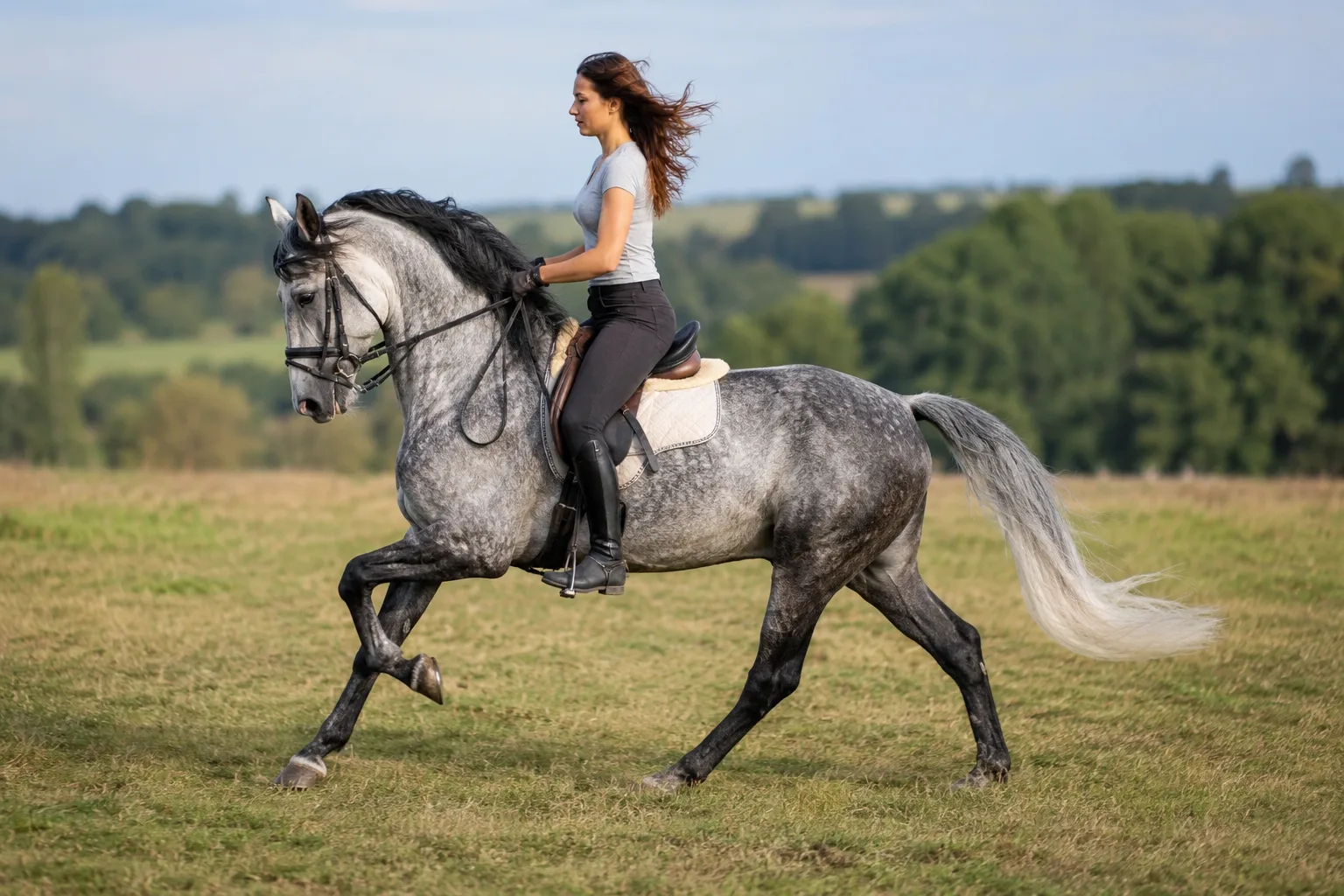 Bay Anglo-Kabarda at full gallop in a large field, showcasing its power and elegance.