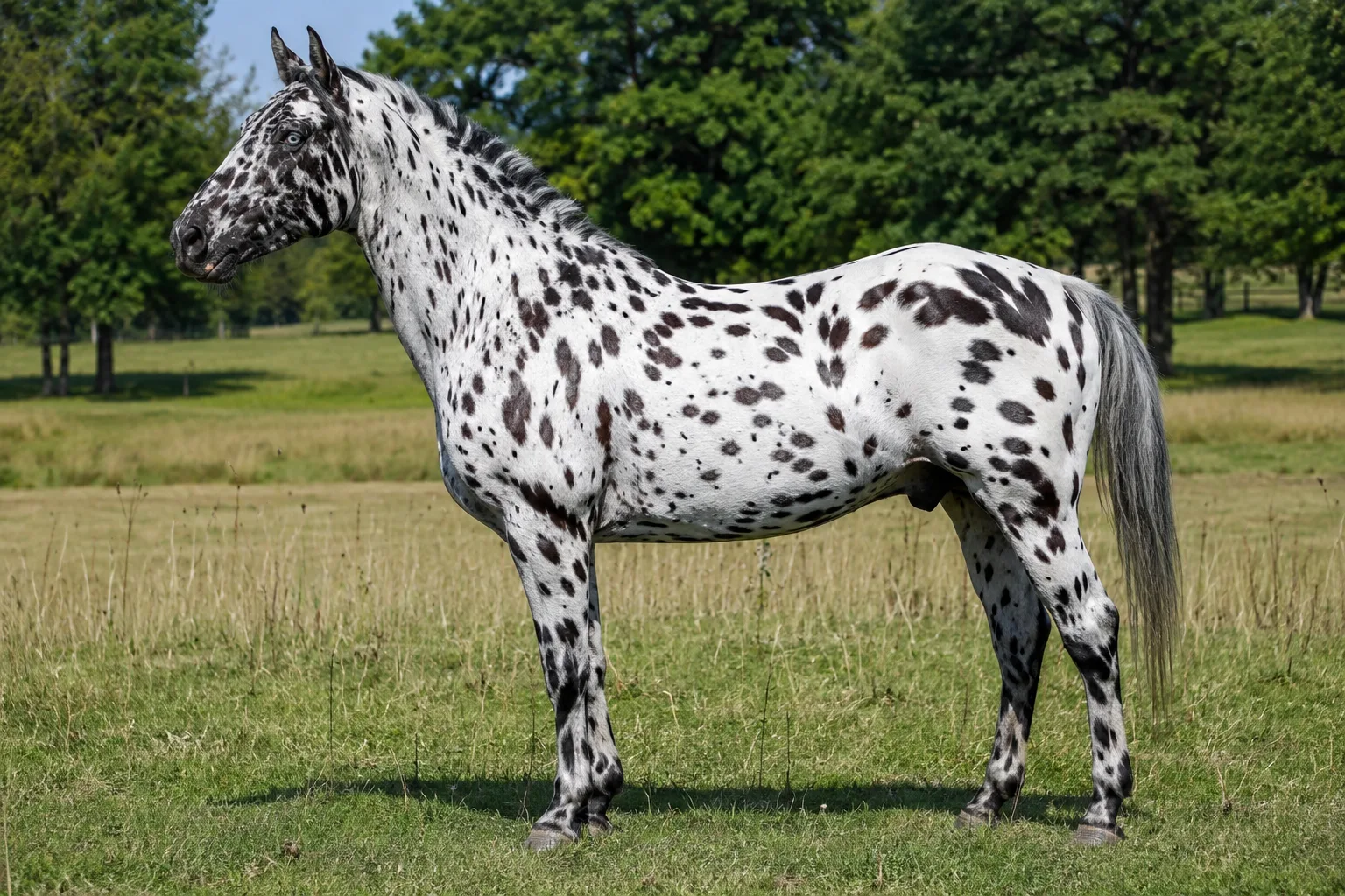 Leopard Appaloosa horse, in profile, in a green meadow, showing its musculature and breed characteristics.