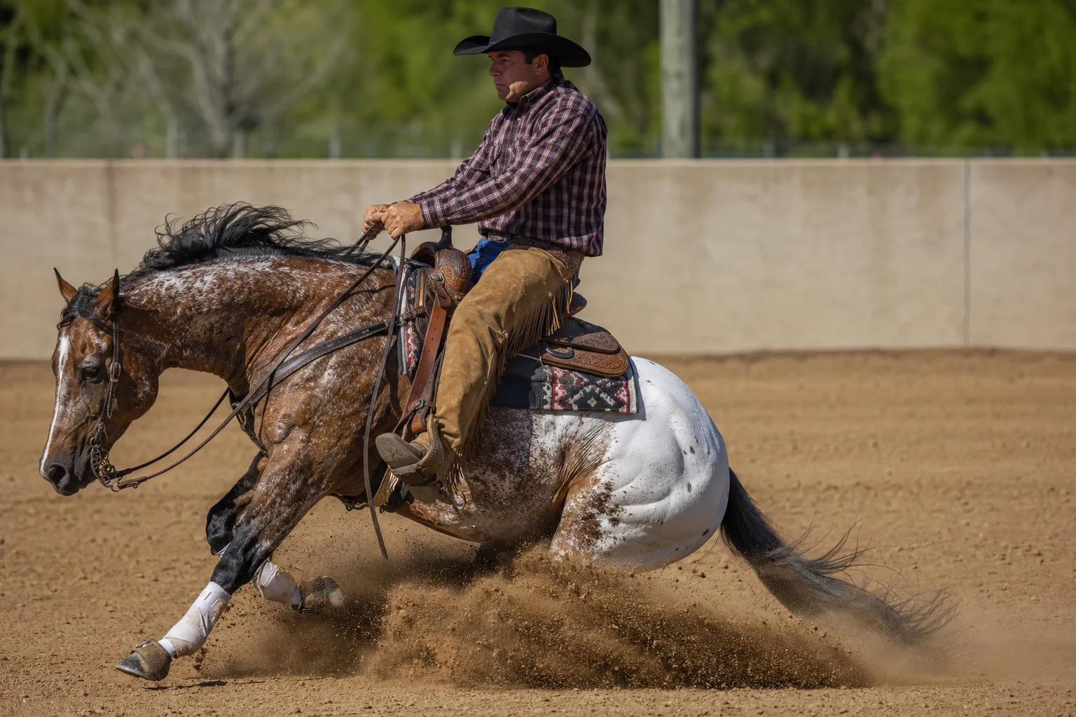 Appaloosa in full action during a reining slide stop, with a Western rider, demonstrating its power and agility.