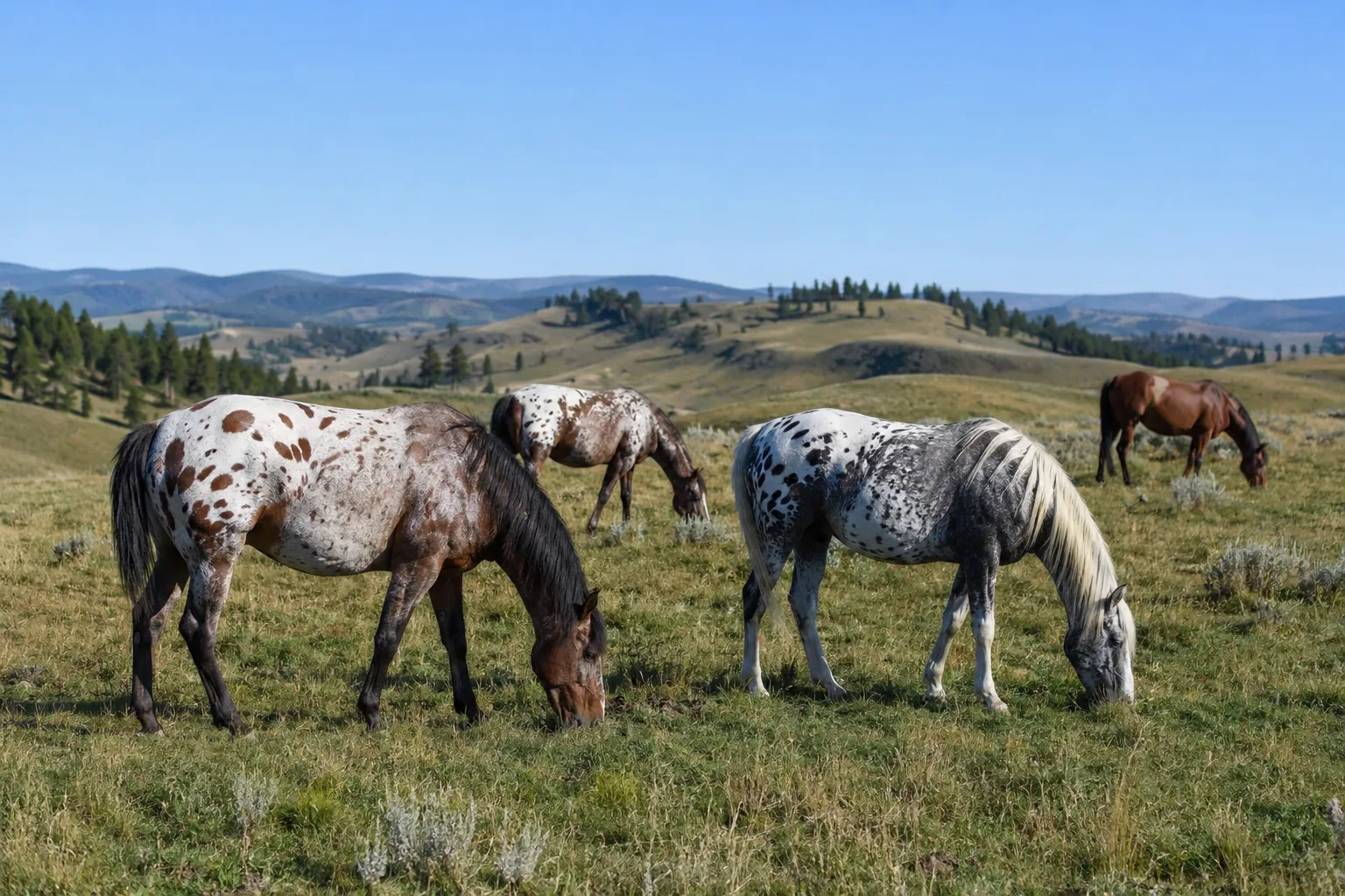 Herd of Appaloosas with different coat patterns (roan, frosted) grazing peacefully in a large pasture under a blue sky.