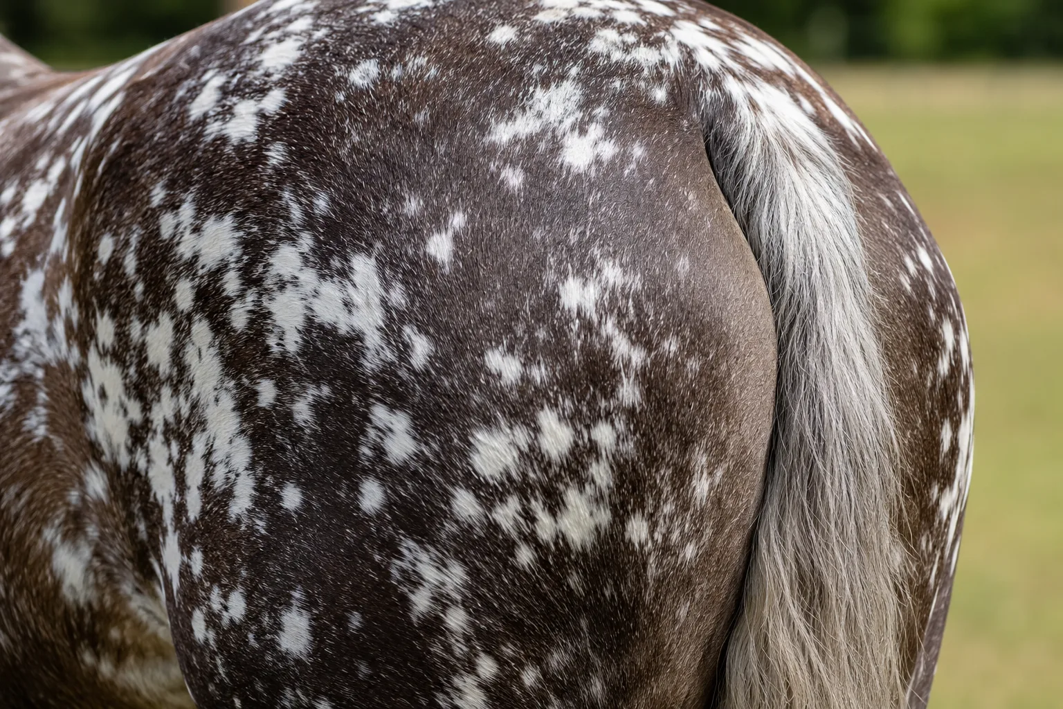 Detail of an Appaloosa's hindquarters showing a snowflake coat pattern (white spots on a dark background), with a fine tail.