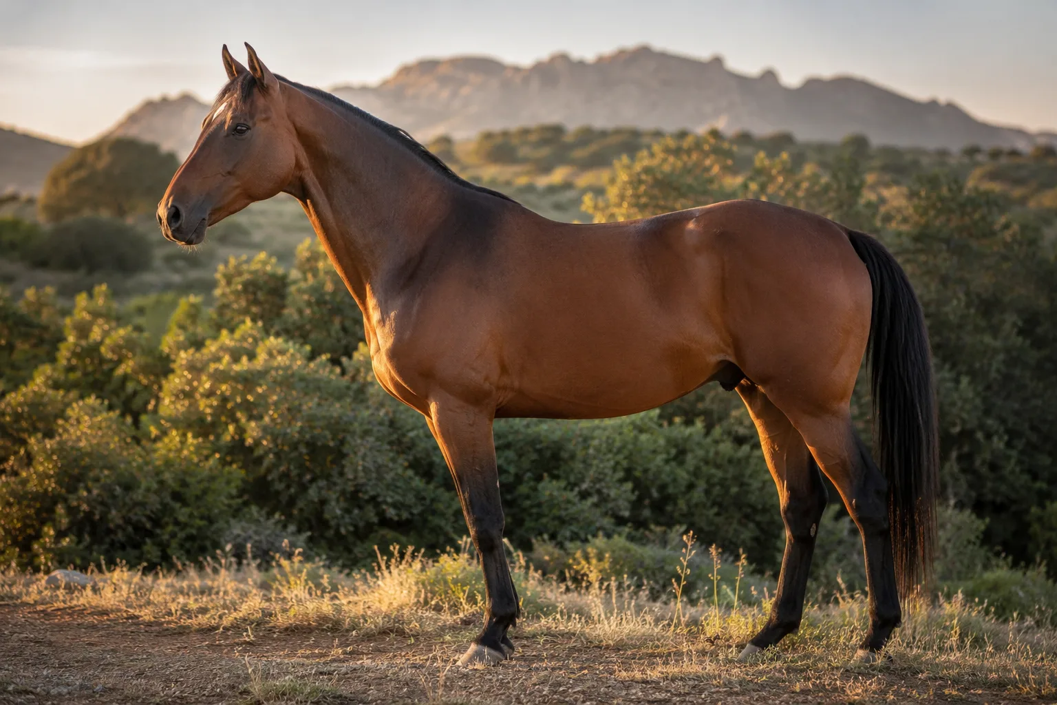 Bay AQPS horse in full profile, standing in a lush green meadow, showcasing its athletic musculature and elegant silhouette.