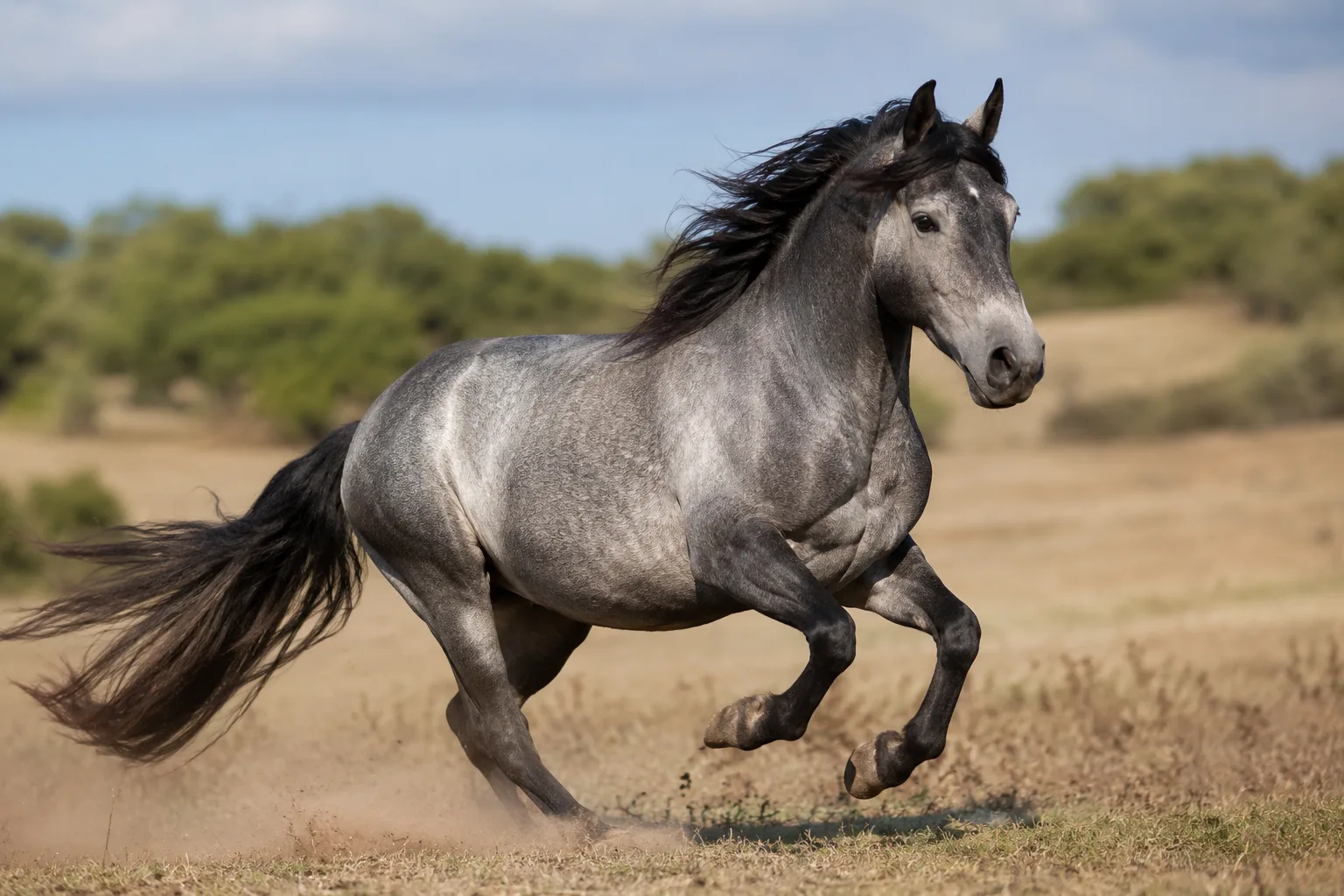 AQPS grey horse at full gallop, clearing a cross-country obstacle with a rider, illustrating its power and agility.