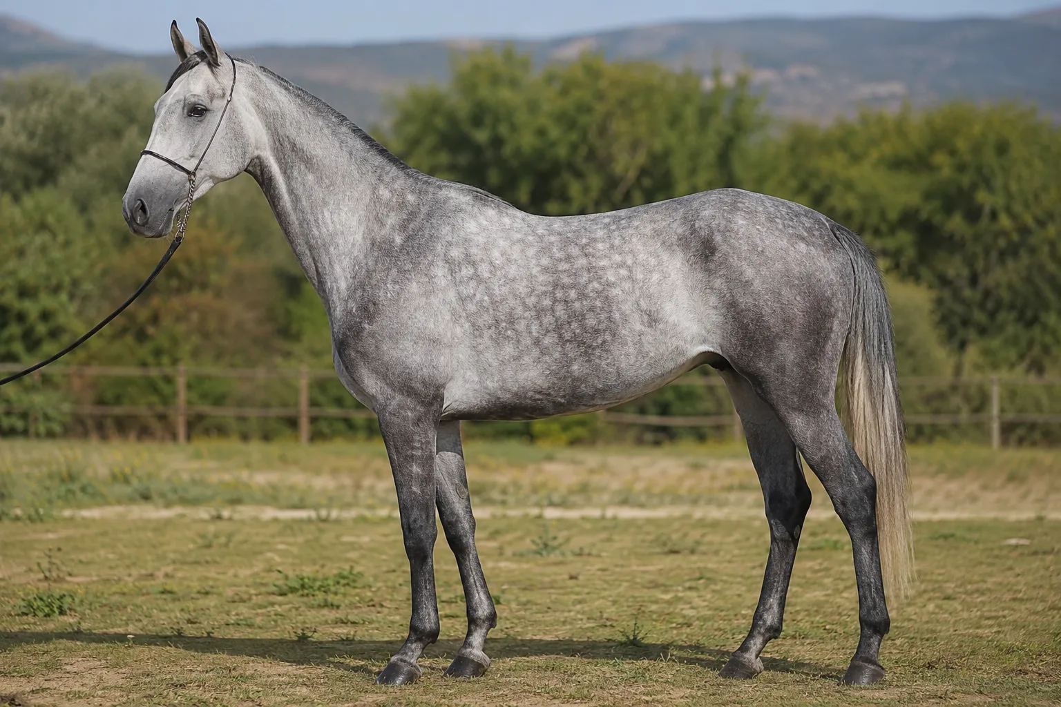 Detail of a dark grey AQPS horse, showing the texture of its coat and the robustness of its limbs, with well-defined tendons.