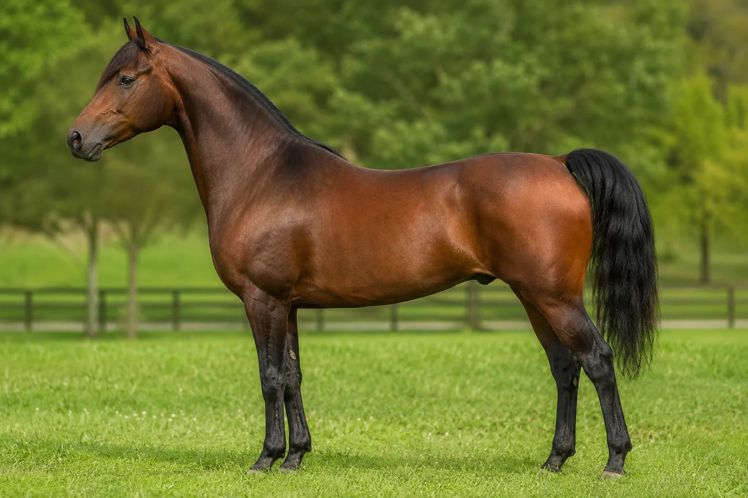 Bay Arabian horse, in profile, in a desert landscape, showing its elegant silhouette and high-set tail.