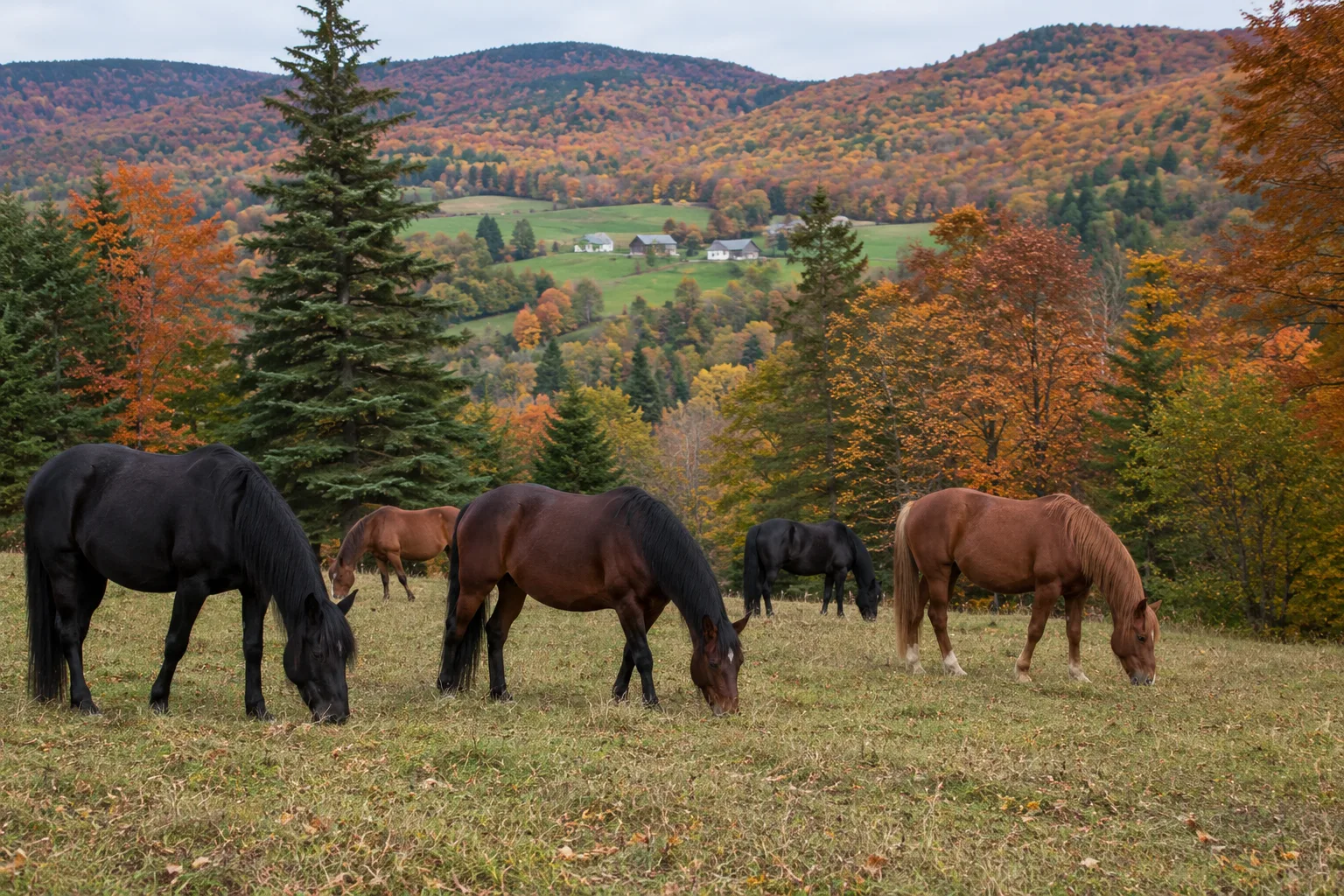 A group of Arabian horses (black and grey) grazing peacefully in a green meadow, under a clear sky.