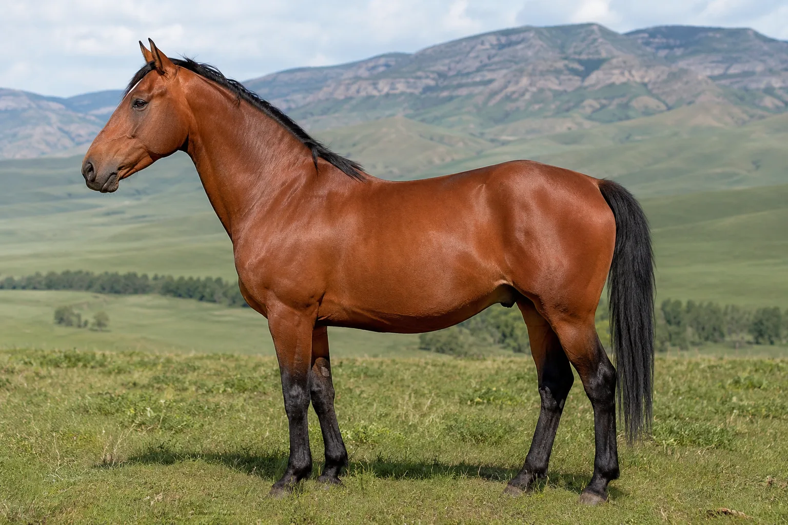 Elegant and muscular grey Shagya Arabian horse, standing in profile in a lush green meadow, tail carried high.