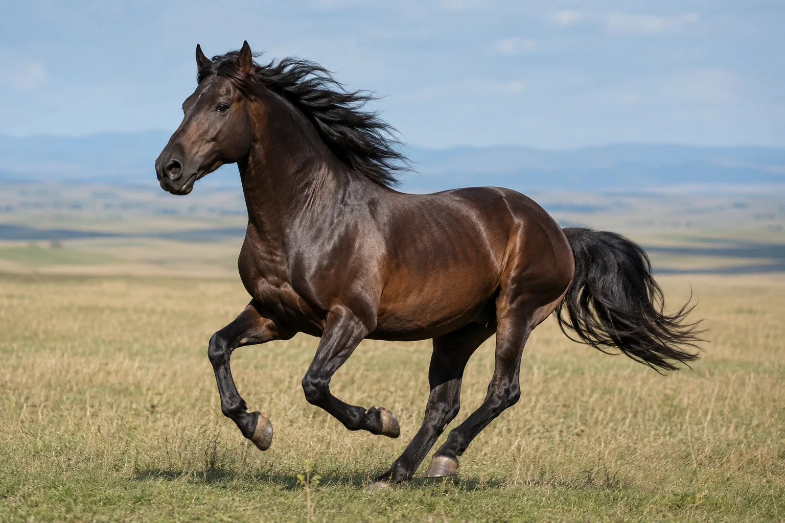 Chestnut Shagya Arabian at full gallop in a large field, mane and tail flowing, dynamic movement.