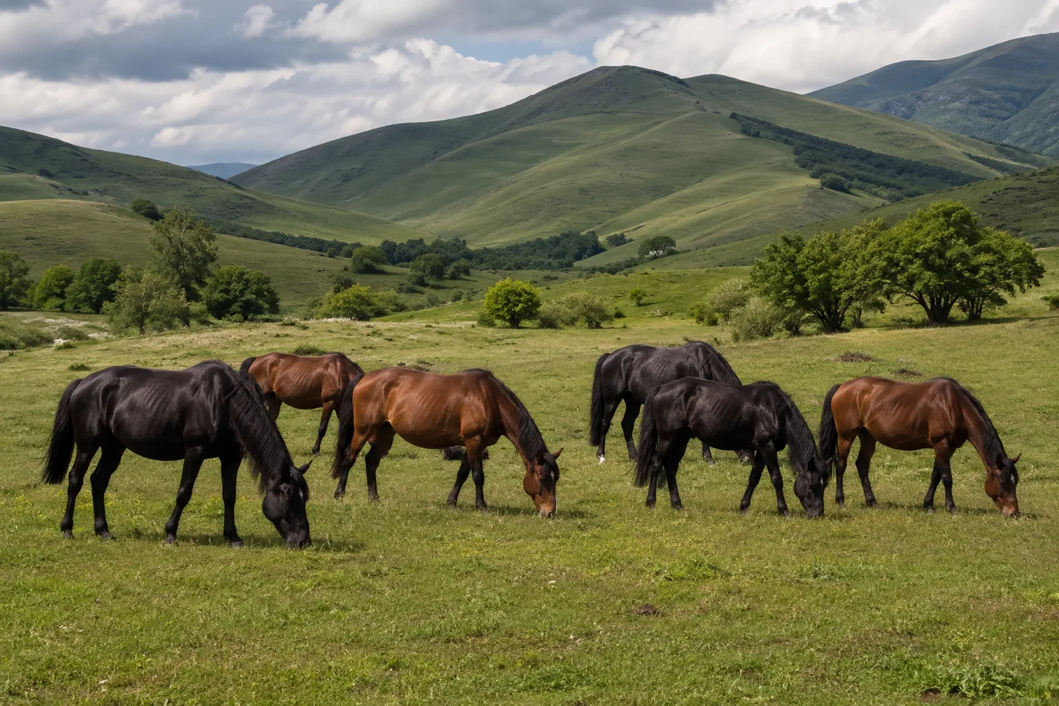 Herd of Shagya Arabians of various coat colors grazing peacefully in a Hungarian countryside landscape.