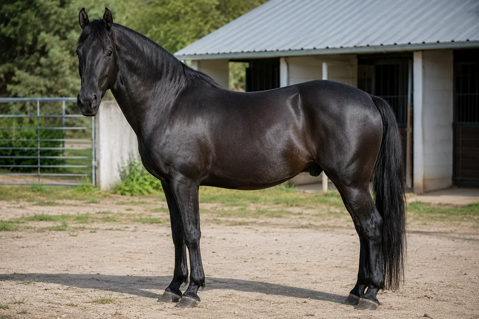 Detail of a black Shagya Arabian, highlighting its shiny coat and the fineness of its mane and tail.