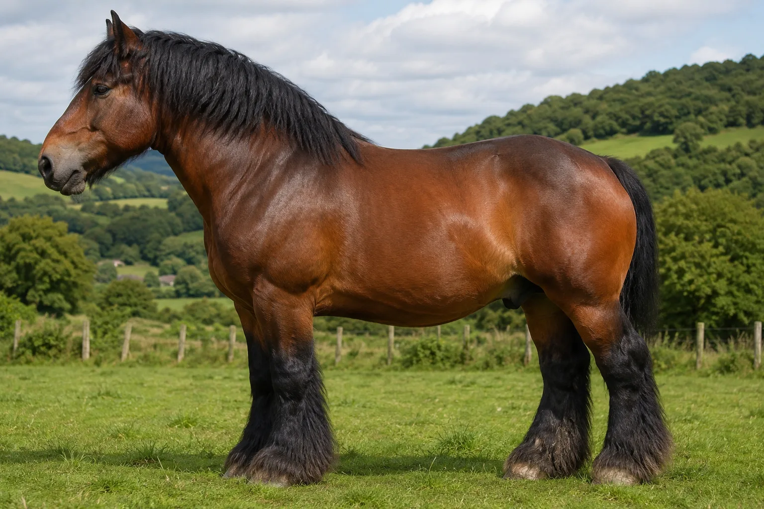 Bay Ardennais horse, powerful and compact, standing in profile in a lush green meadow under a clear sky.