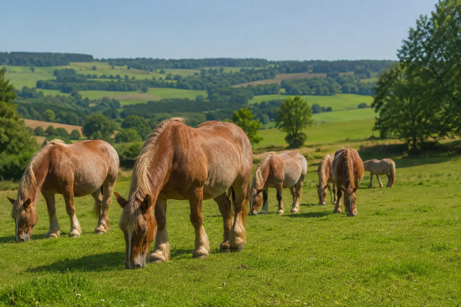 A group of Ardennais horses grazing peacefully in a hilly landscape of the Ardennes.