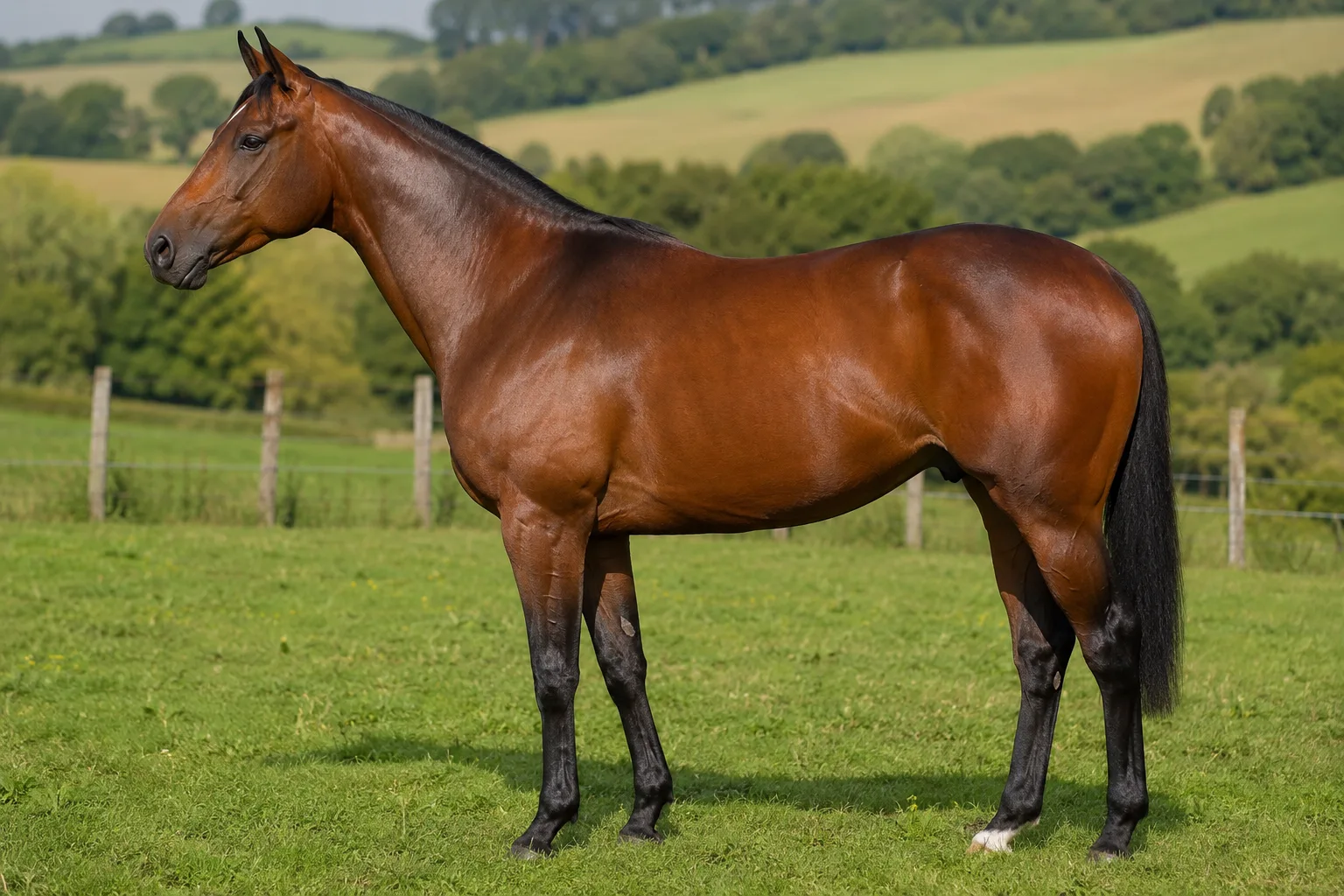 Bay Swedish Ardennes horse, in profile, in a Swedish forest clearing, showing its powerful and compact conformation.