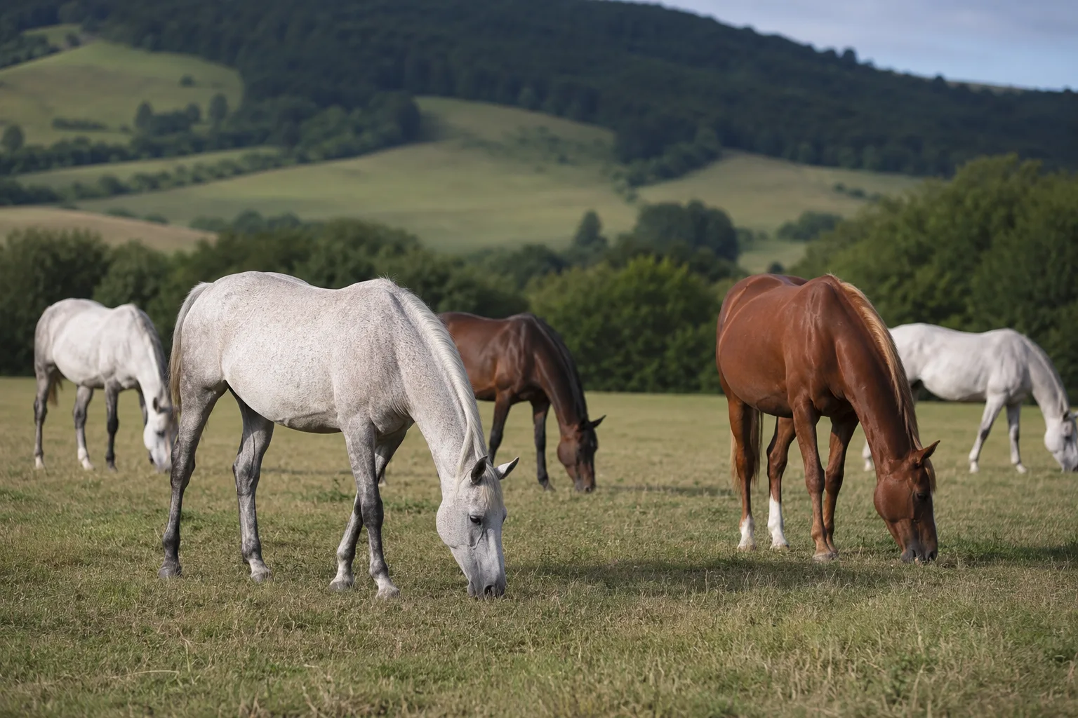 A small herd of Arenberg-Nordkirchen horses of different coats (bay, black, chestnut) grazing peacefully in a vast pasture.