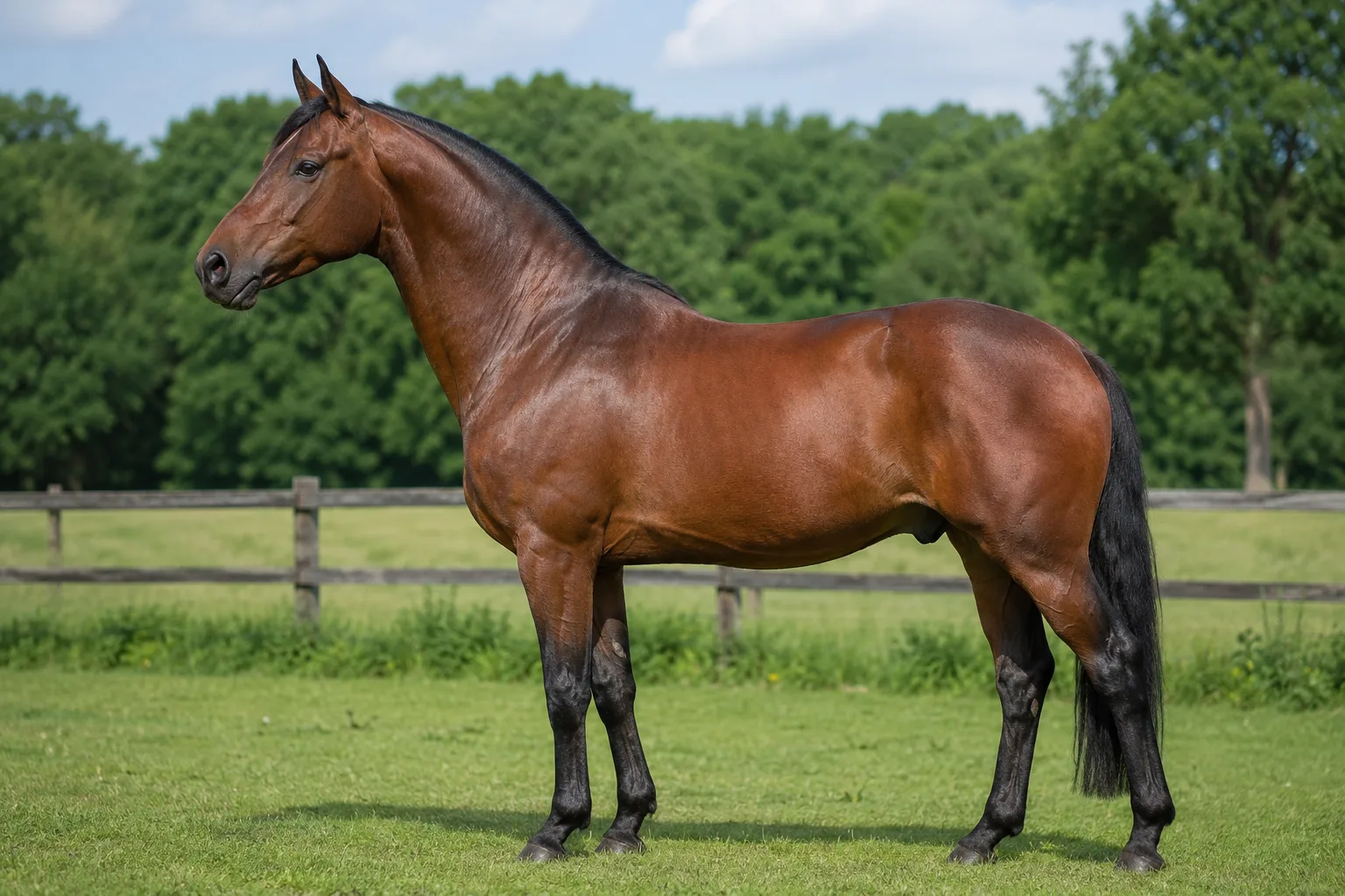 Full-body shot of a black Asturcón horse, in profile, in a mountainous landscape of Asturias