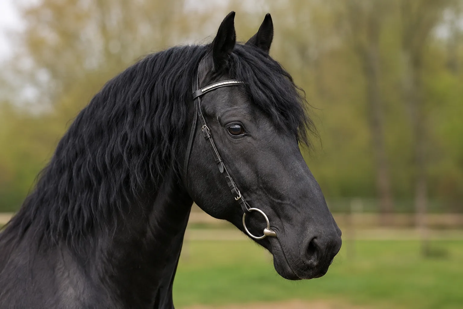 Close-up portrait of a black Asturcón's head, showing its expressive eyes