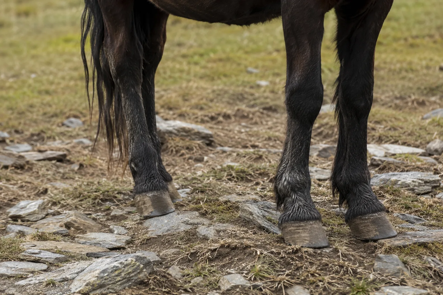 Detail of an Auvergne Horse's black pangaré coat, showing reddish highlights on the muzzle and belly