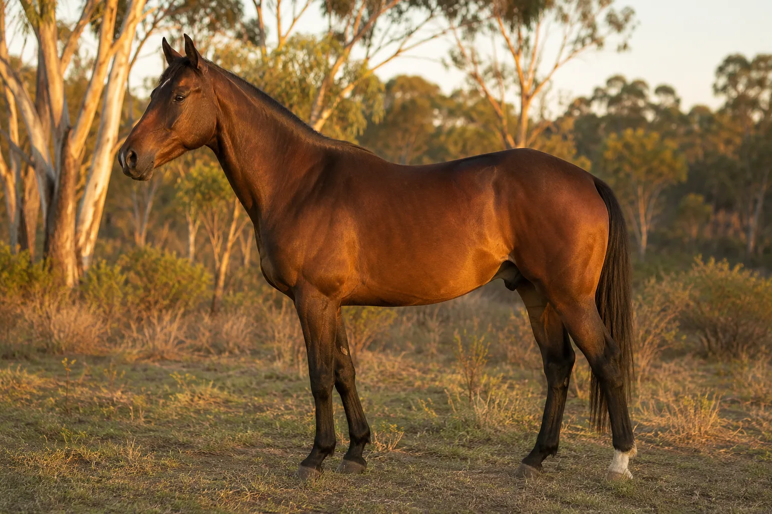 Full-body chestnut Auxois horse, in profile, in a lush Burgundian meadow